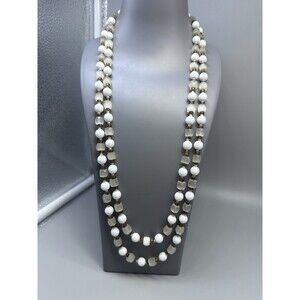 22” Vintage Glass White & Translucent Cube Bead Necklace Gold Tone